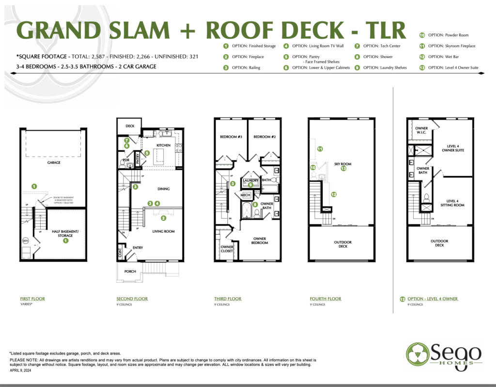 Architectural floor plan of a four-story house with labeled rooms, including 3-4 bedrooms, 2.5-3.5 bathrooms, and a garage. Options for finished spaces are noted. Includes a roof deck.